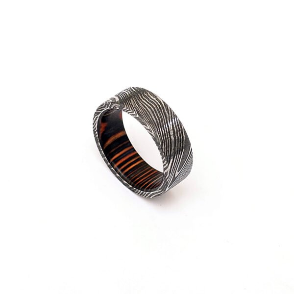 Custom Handmade Damascus Steel Ring with Wood Inlay Gift Box