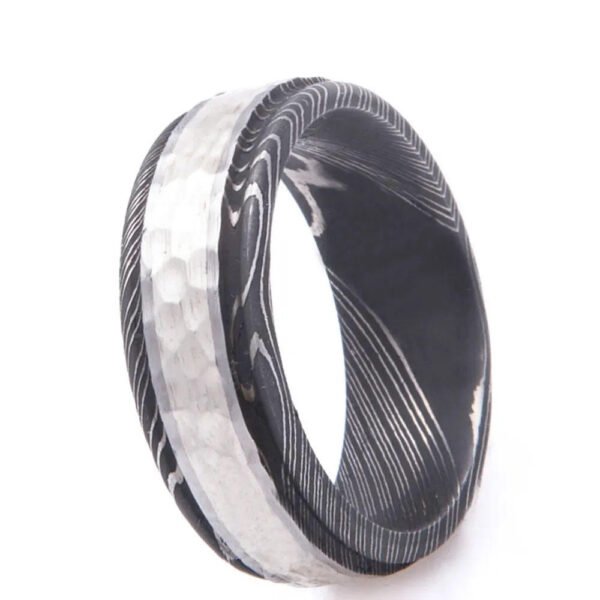 Men’s Damascus Steel Wedding Band – Unique Steel Grain Pattern, Handmade Modern Craftsmanship, Personalized Anniversary Gift Set
