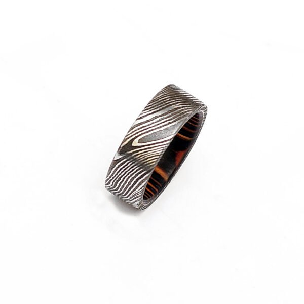 Custom Handmade Damascus Steel Ring with Wood Inlay Gift Box