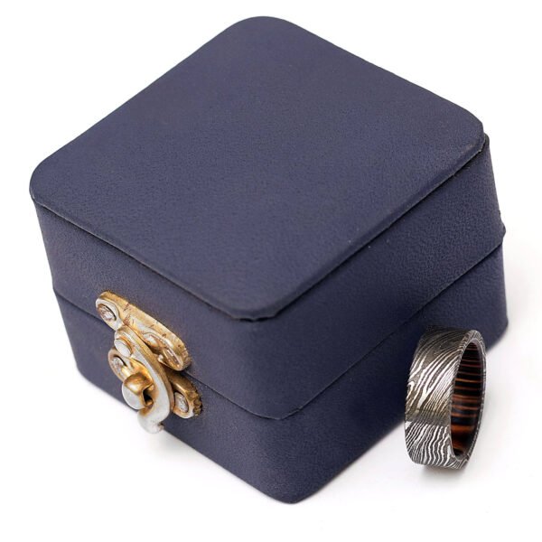 Custom Handmade Damascus Steel Ring with Wood Inlay Gift Box