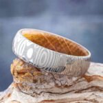 Damascus Steel Men's Wedding Band Ring with Wood Inlay – Handmade Personalized Anniversary Gift Set