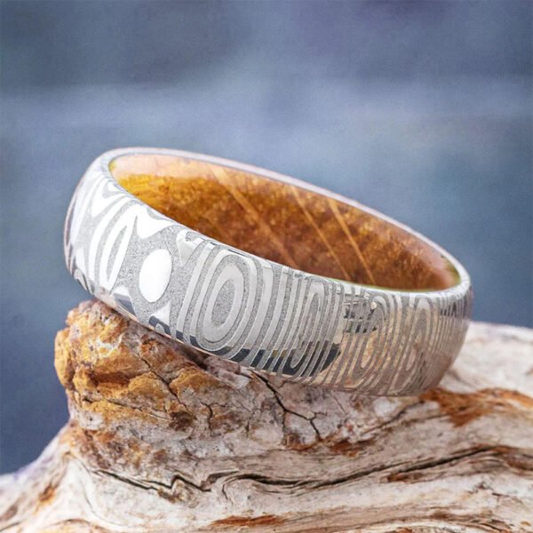 Damascus Steel Men's Wedding Band Ring with Wood Inlay – Handmade Personalized Anniversary Gift Set