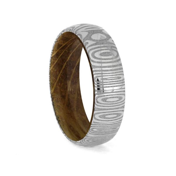 Damascus Steel Men's Wedding Band Ring with Wood Inlay – Handmade Personalized Anniversary Gift Set