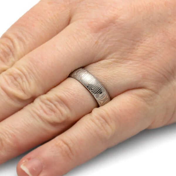 Damascus Steel Men's Wedding Band Ring with Wood Inlay – Handmade Personalized Anniversary Gift Set
