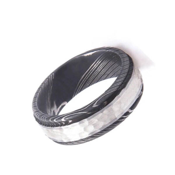 Men’s Damascus Steel Wedding Band – Unique Steel Grain Pattern, Handmade Modern Craftsmanship, Personalized Anniversary Gift Set