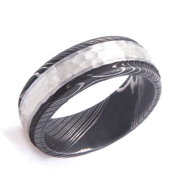 Men’s Damascus Steel Wedding Band – Unique Steel Grain Pattern, Handmade Modern Craftsmanship, Personalized Anniversary Gift Set