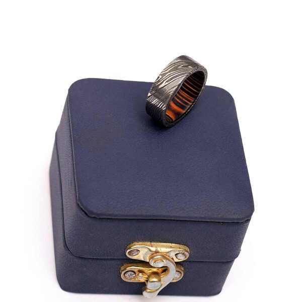 Custom Handmade Damascus Steel Ring with Wood Inlay Gift Box